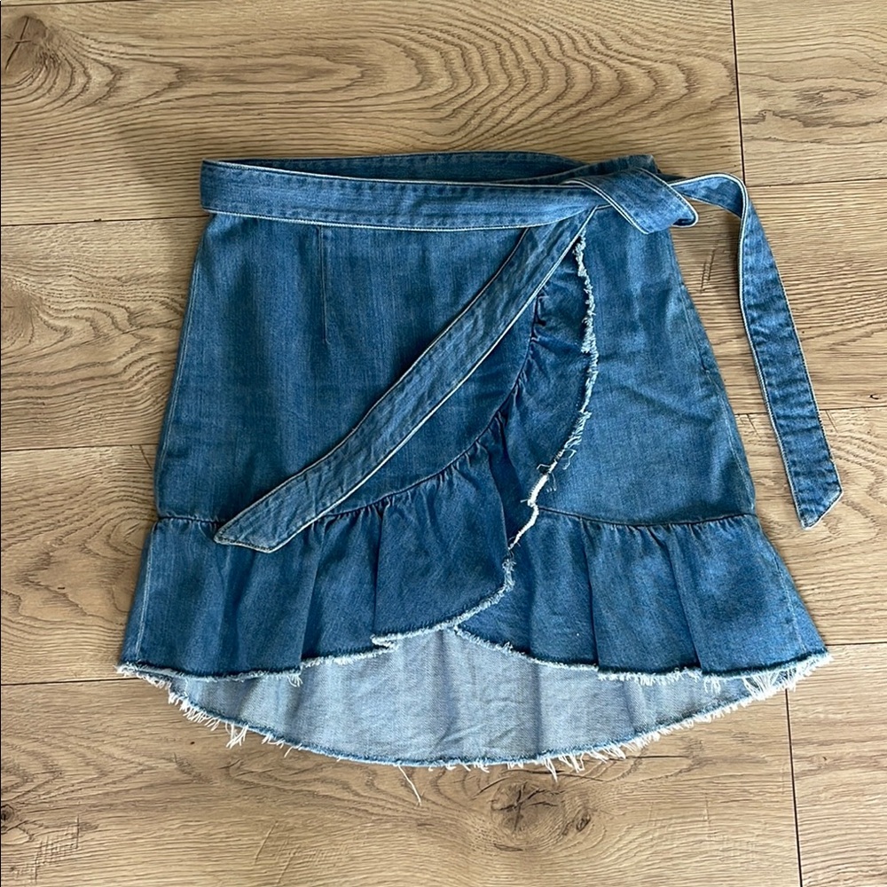 PAIGE Blue Mini Wrap Skirt with Ruffled High-Low Hem